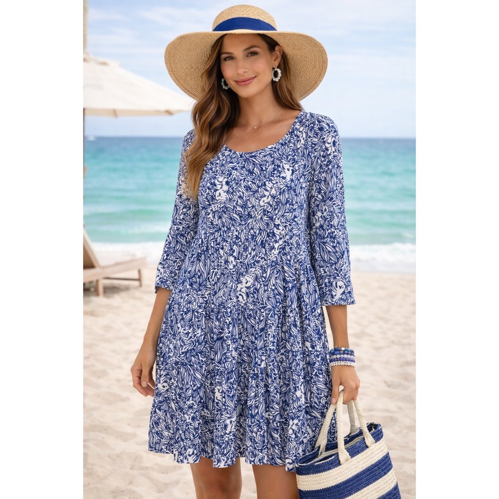 Lilly Pulitzer Women's Geanna Blue White Gday Mate Print Tiered Swing Dress M